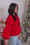 red bow ruffle sleeve sweatshirt top