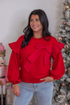 red bow ruffle sleeve sweatshirt top