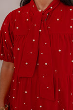 red corduroy pearl tiered dress