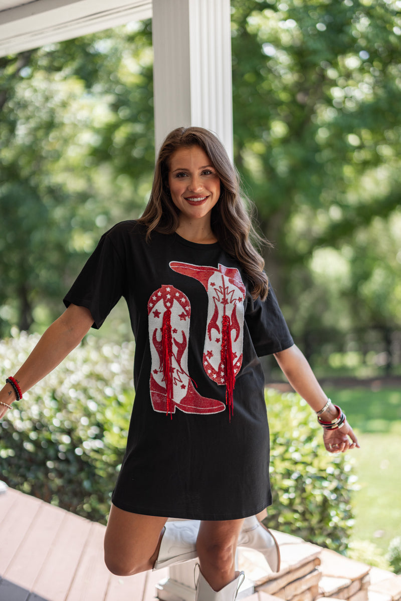 red sequin cowgirl boot dress