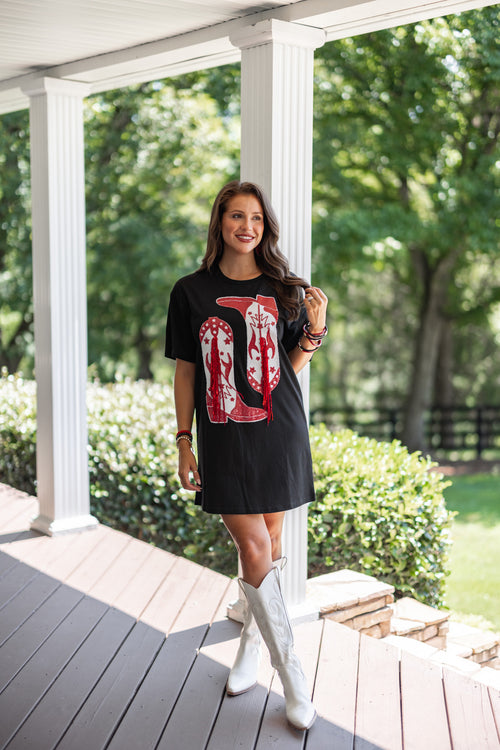 red sequin cowgirl boot dress