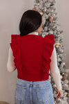 red sleeveless ruffle cropped sweater