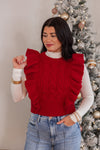 red sleeveless ruffle cropped sweater