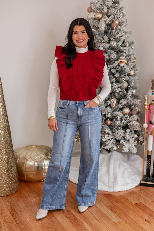 red sleeveless ruffle cropped sweater