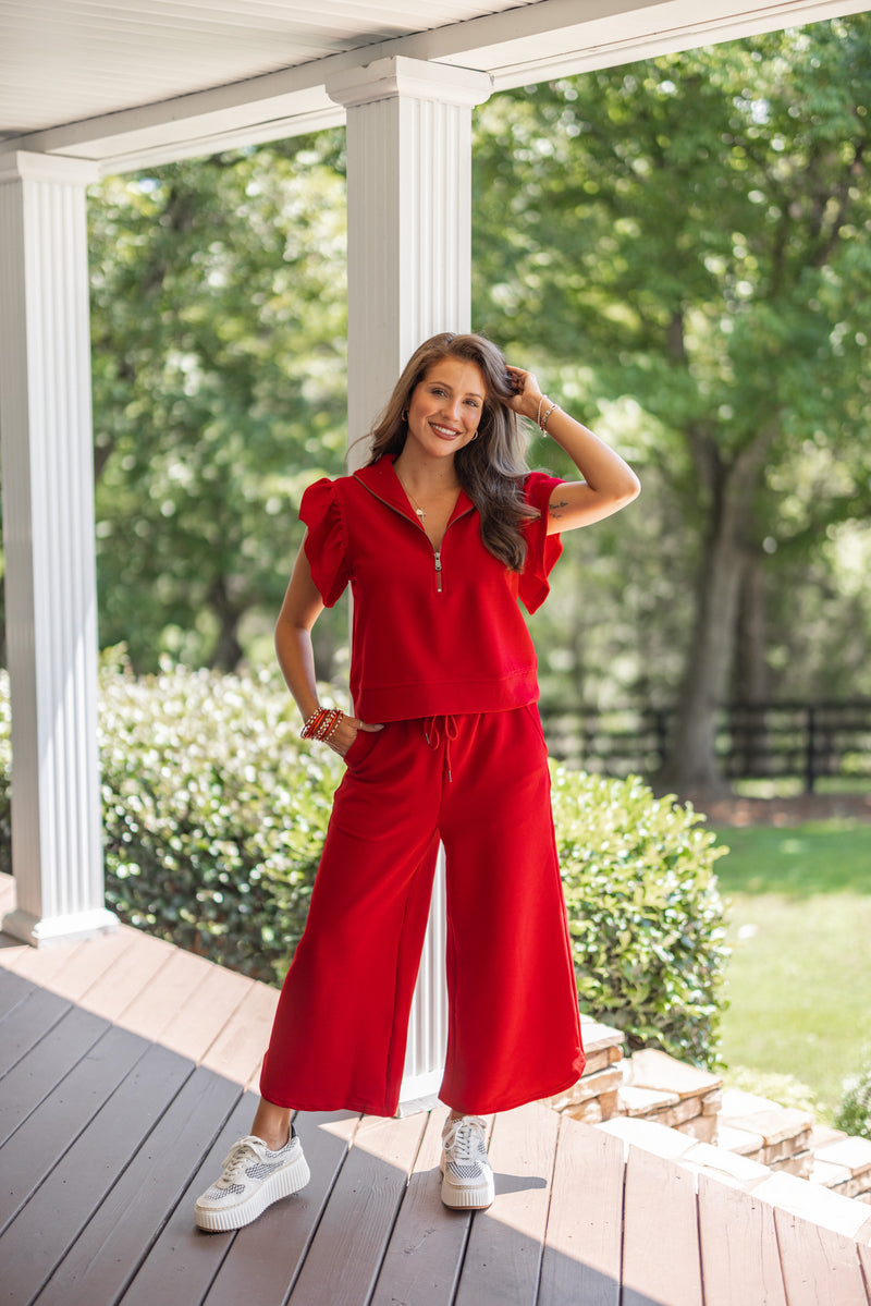 cute casual red quarter zip top