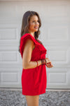 trendy red denim gameday romper