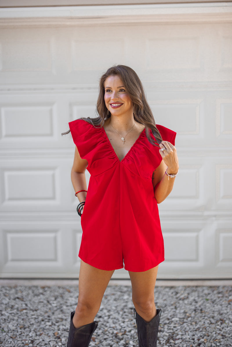 trendy red denim gameday romper