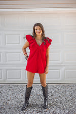 trendy red denim gameday romper