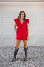 trendy red denim gameday romper