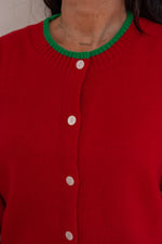 red green trim sweater cardigan