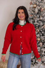 red green trim sweater cardigan