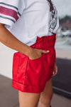 red leather paperbag shorts