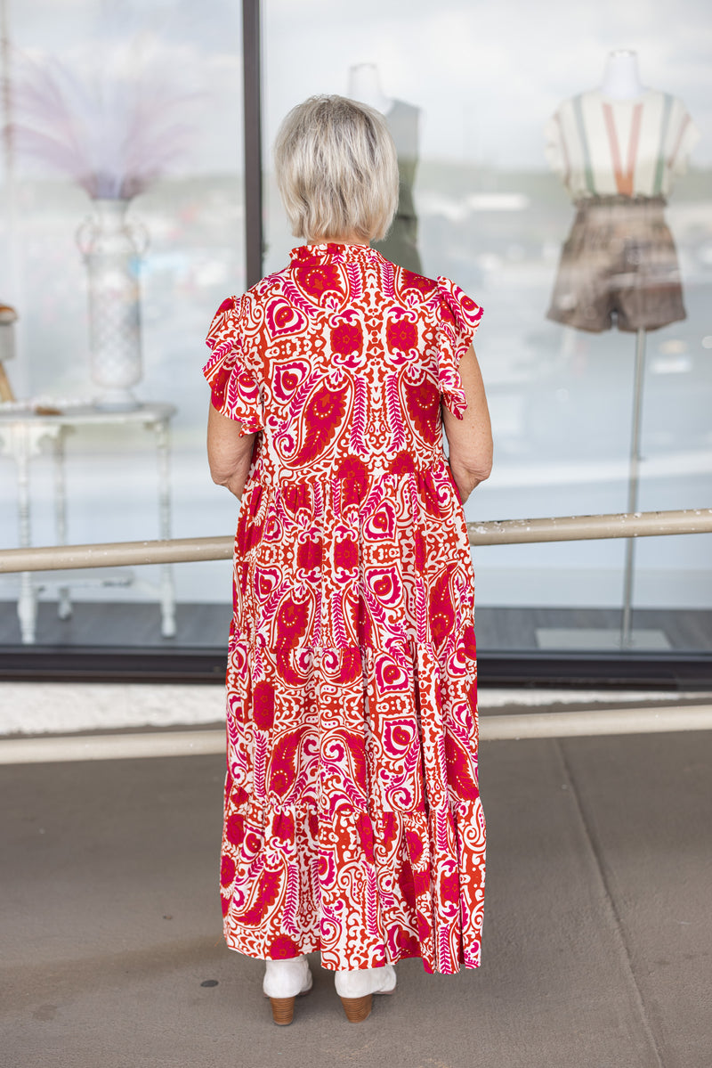 red paisley print fall midi dress