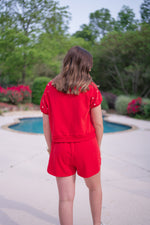 red pearl terry knit skort set