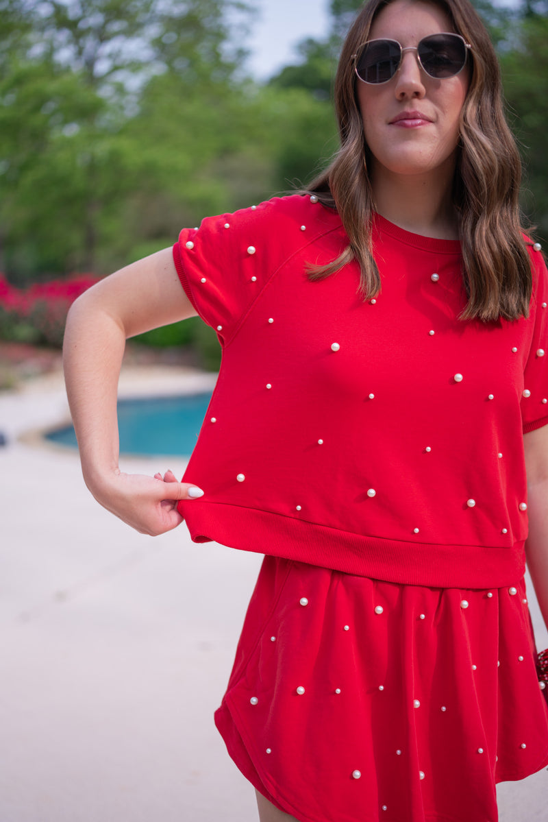 red pearl terry knit skort set