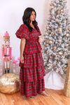 red green Christmas plaid tiered maxi dress