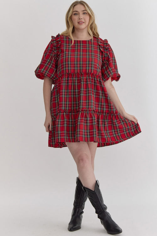 Entro Plus Red, green, and cream plaid ruffle tiered dress