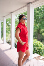 red quilted shorts matching set