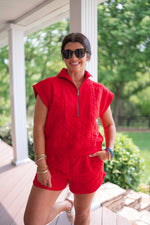 red quilted shorts matching set