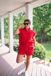 red quilted shorts matching set