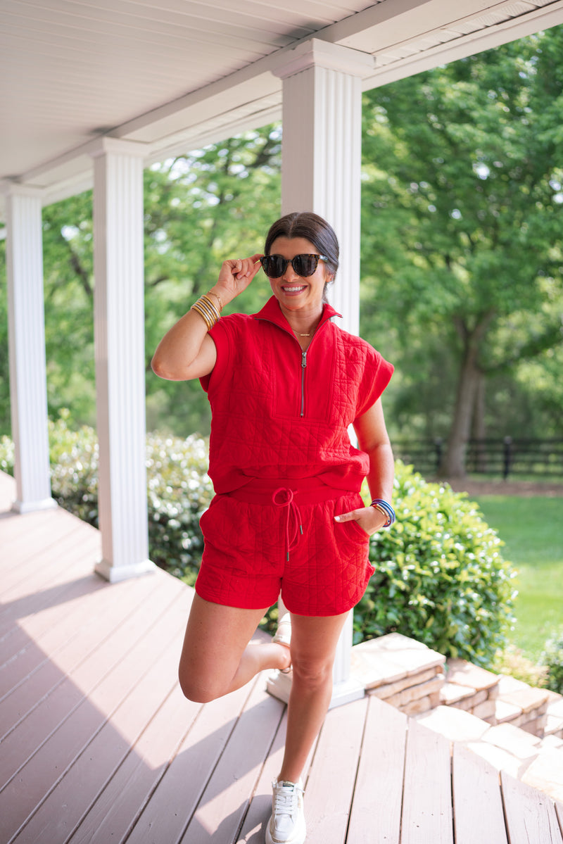 red quilted shorts matching set