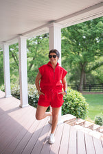 red quilted shorts matching set