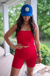 red ribbed tank biker shorts set