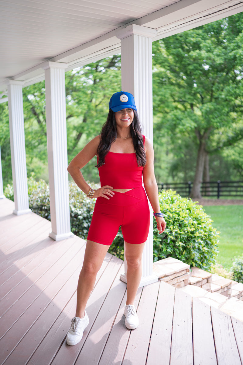 red ribbed tank biker shorts set