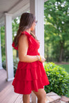 red tiered cocktail attire dress