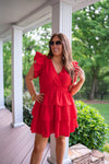 red tiered cocktail attire dress