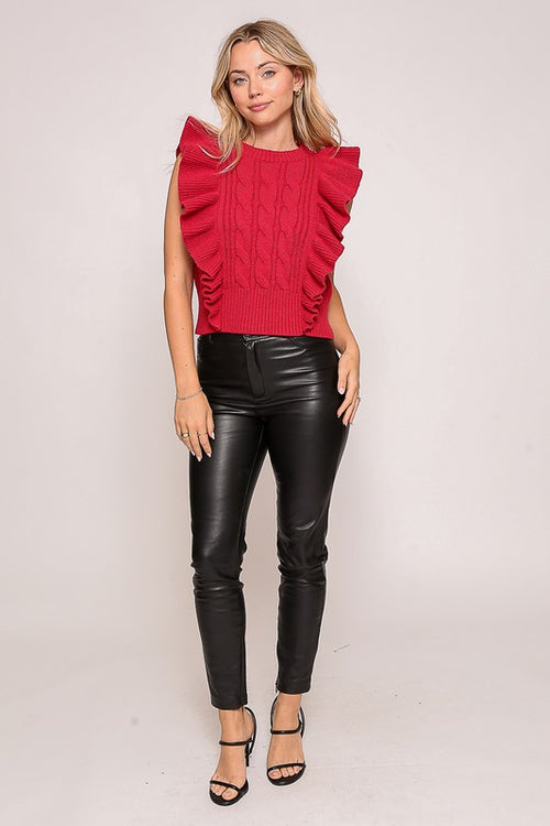 Timing Red cable knit cropped sweater with ruffle trimmed shoulders