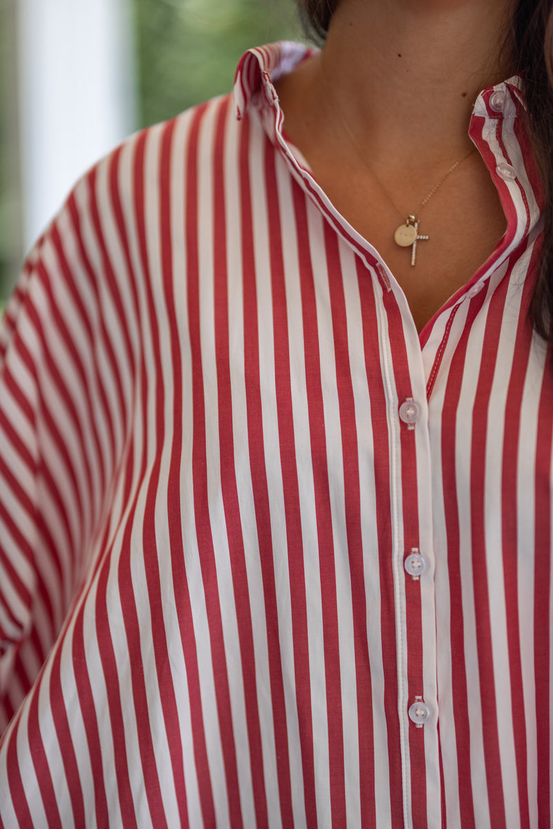 casual red white stripe short sleeve blouse