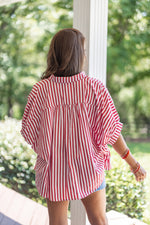 casual red white stripe short sleeve blouse