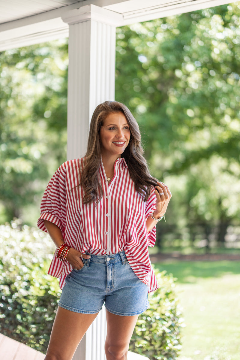 casual red white stripe short sleeve blouse