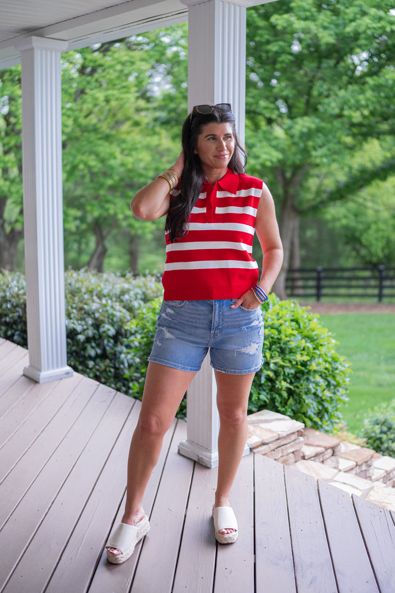 red stripe knit collared tank