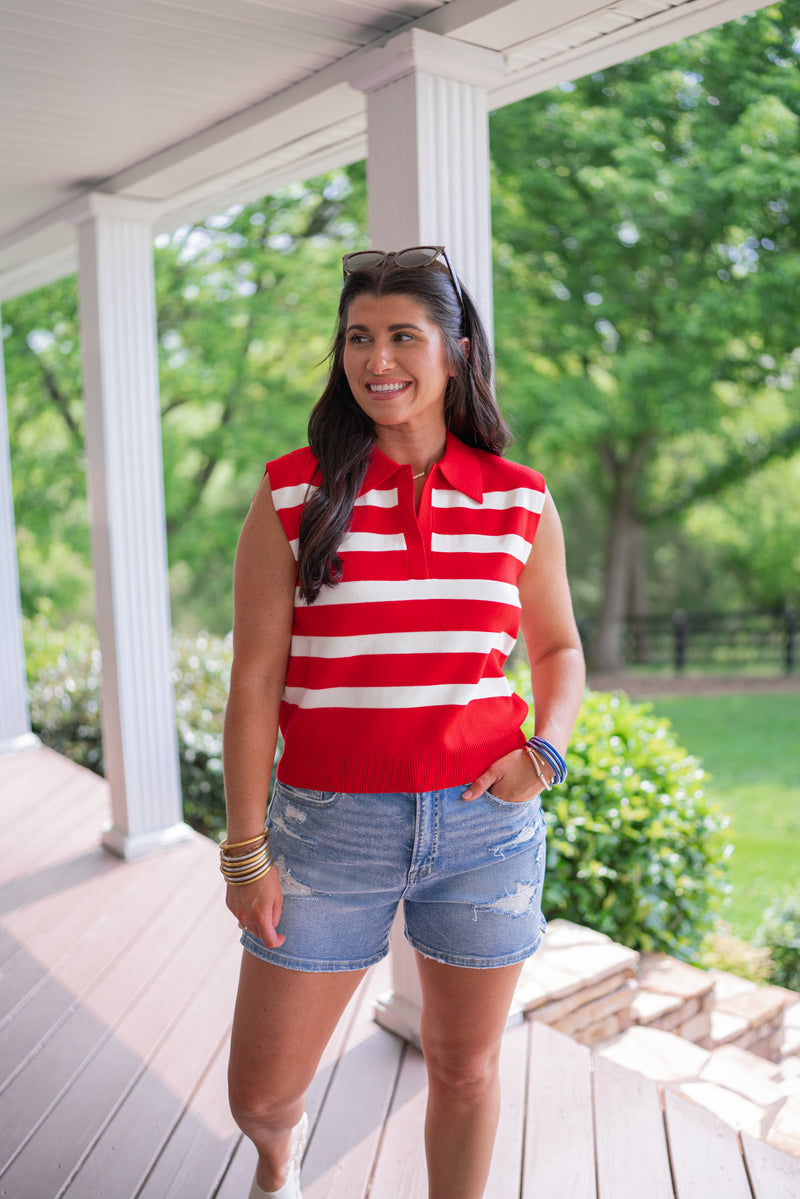 red stripe knit collared tank