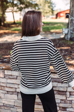 ribbed black white striped collared pullover