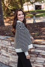 ribbed black white striped collared pullover