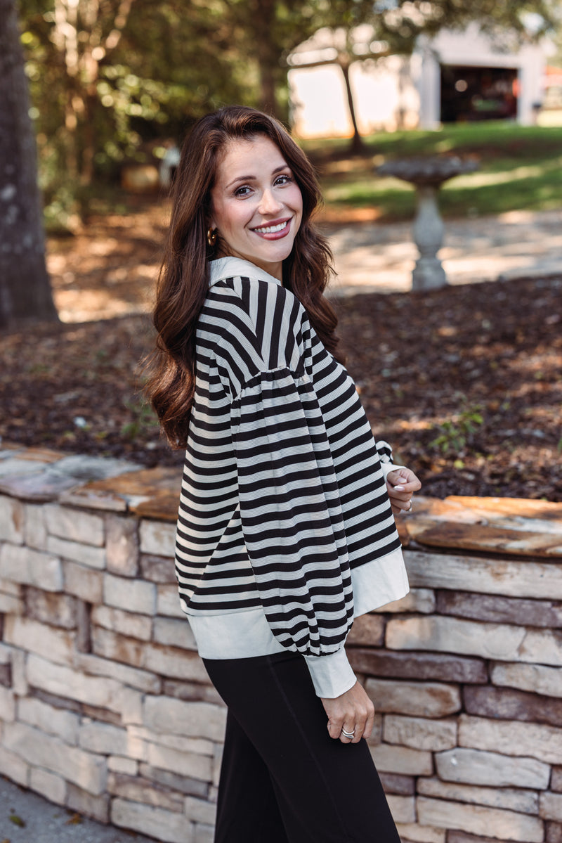 ribbed black white striped collared pullover