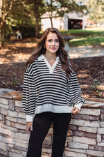 ribbed black white striped collared pullover