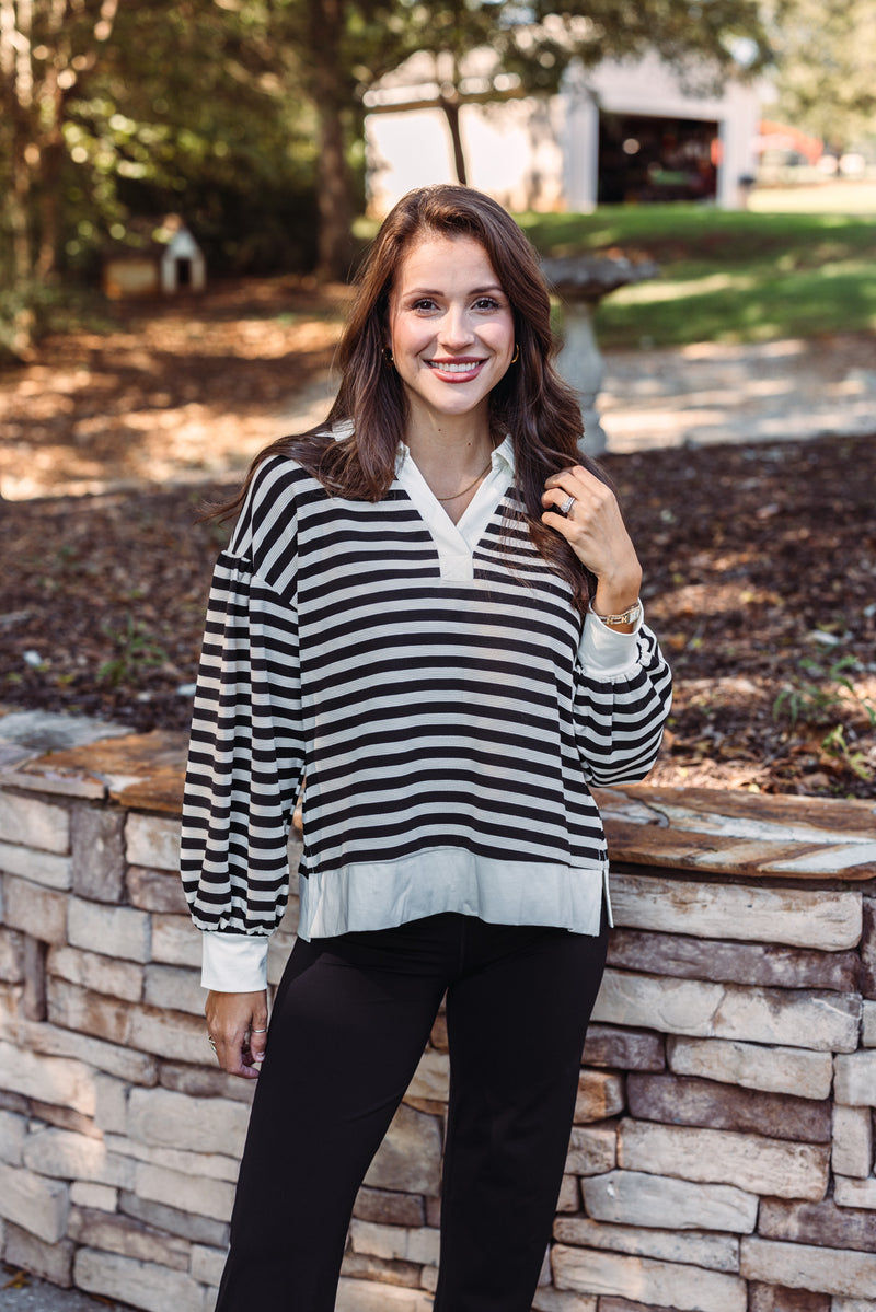 ribbed black white striped collared pullover