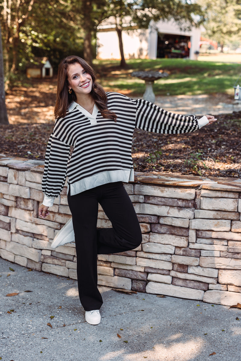 ribbed black white striped collared pullover