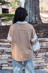 tan white striped collared pullover top