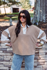 tan white striped collared pullover top