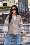 tan white striped collared pullover top