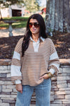 tan white striped collared pullover top