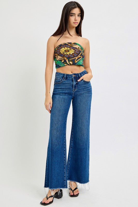 Risen Jeans dark washed denim wide leg jeans with tummy control and no rips