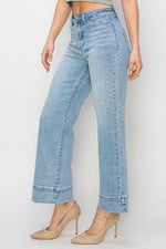 Risen Jeans medium light washed denim wide leg jeans with no rips