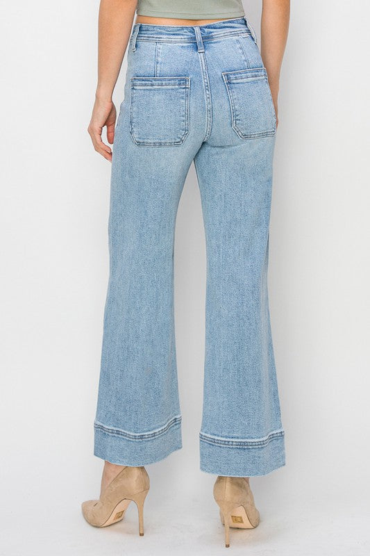 Risen Jeans medium light washed denim wide leg jeans with no rips