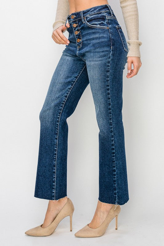 Risen Jeans cropped flare ankle button fly dark wash jeans